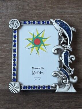 Silver Toned Dolphin Picture Frame with Crystals and Sparkly Blue Resin Mist Co